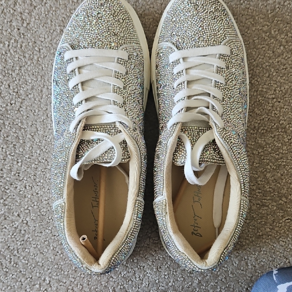 Betsey Johnson Silver Crystal Embellished Lace-Up Sneakers